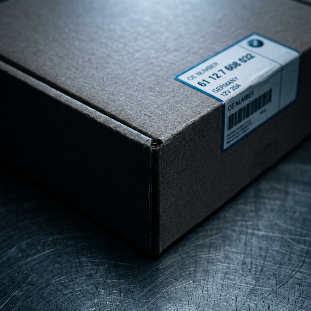 Macro detail of an OE part number label on a parts box