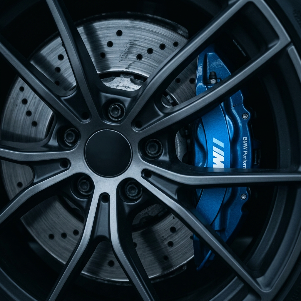 Macro detail of a drilled brake rotor behind a blue caliper