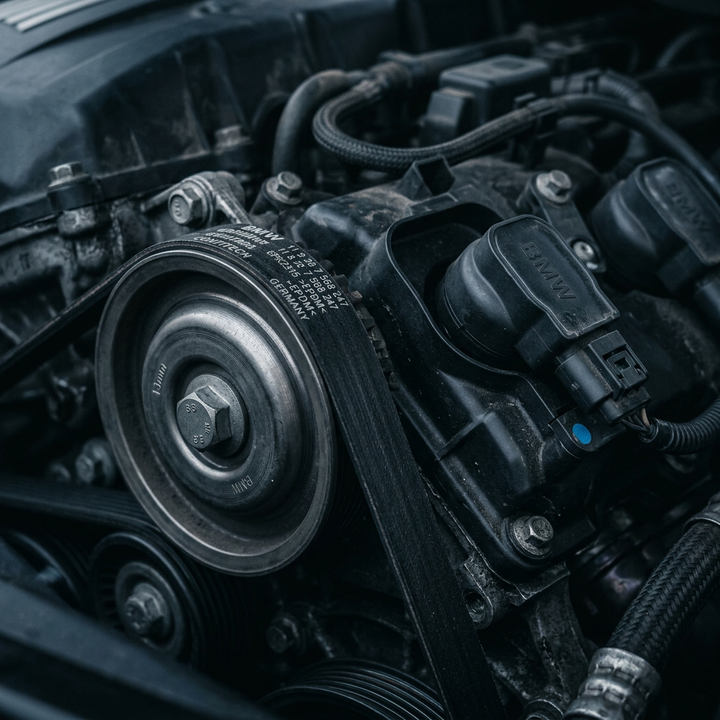 Macro detail of a serpentine belt, pulley and ignition coils