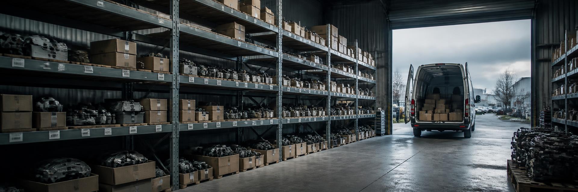 Boxed parts on warehouse shelving with the delivery van loading at the roll-up door