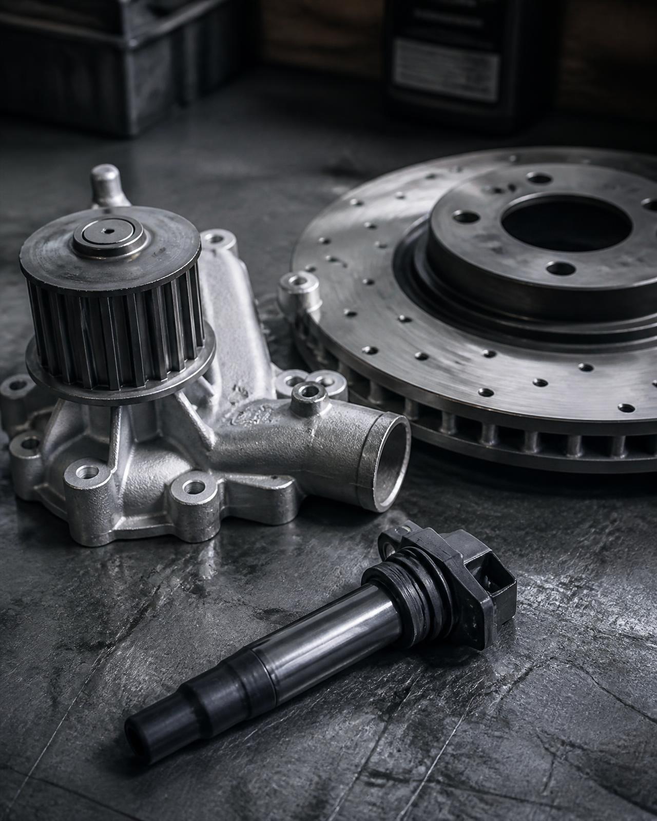 Genuine BMW water pump, brake rotor and ignition coil on dark steel